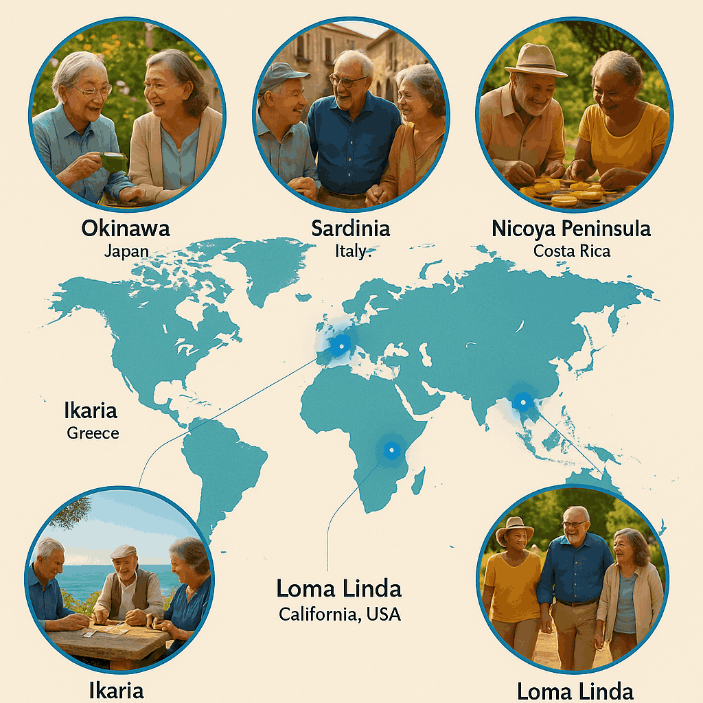 Mapa das cinco Zonas Azuis do mundo onde pessoas vivem mais de 100 anos graças a fortes laços sociais e amizades duradouras