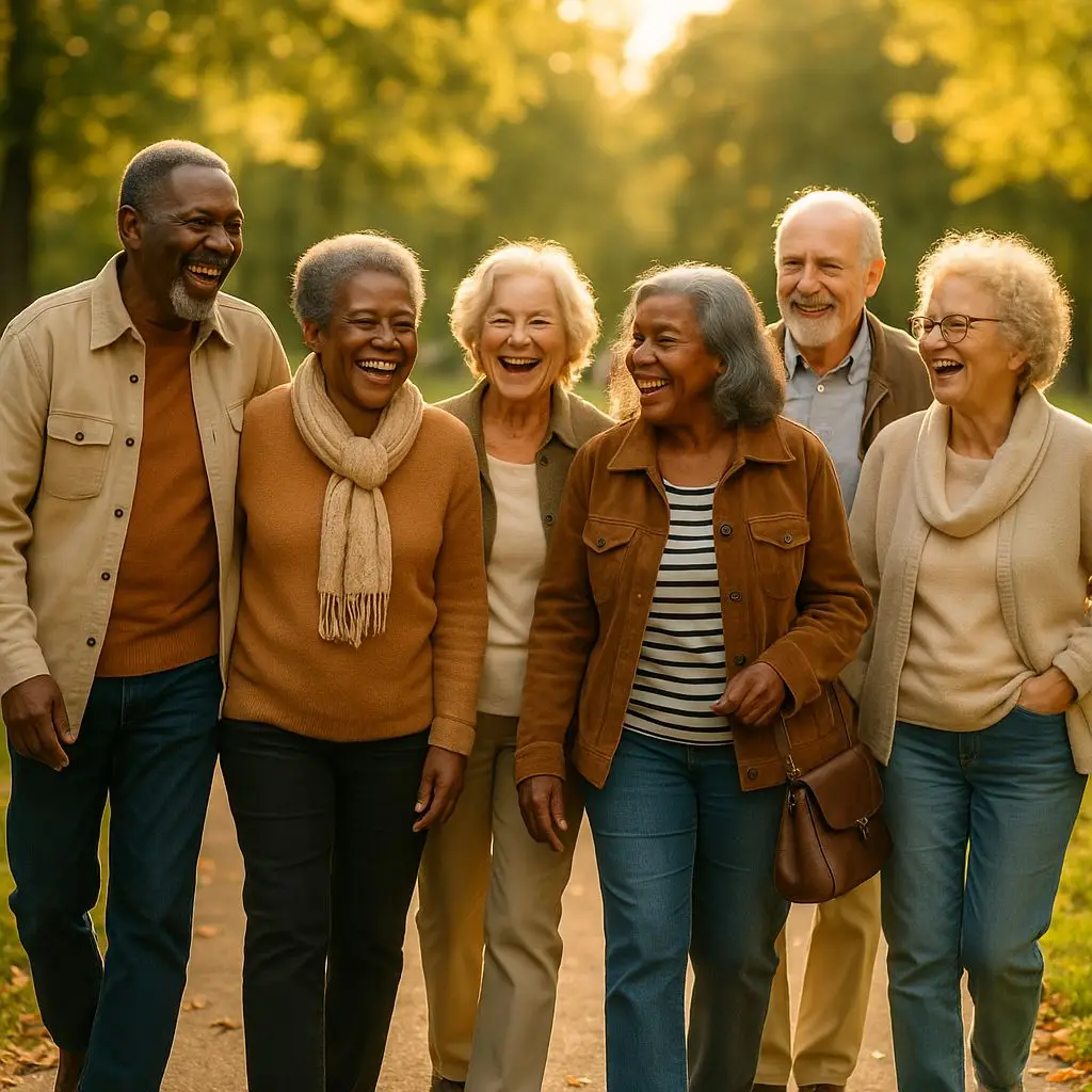 Grupo diverso de amigos seniores caminhando e conversando alegremente em um parque ensolarado, demonstrando os benefícios das conexões sociais para a longevidade e bem-estar após os 50 anos.
