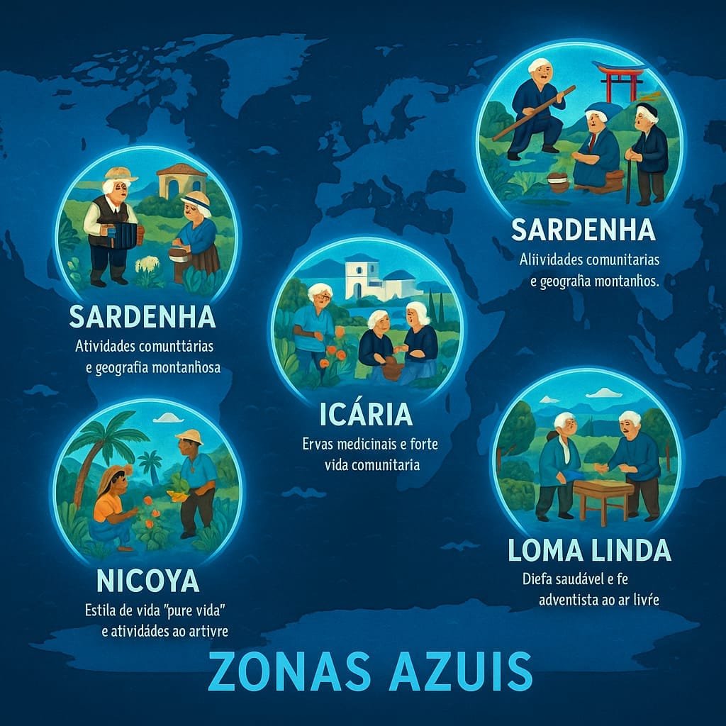 Mapa ilustrativo das cinco Zonas Azuis do mundo - Okinawa, Sardenha, Nicoya, Icária e Loma Linda - regiões onde pessoas vivem mais de 100 anos com saúde graças a hábitos como fortes conexões sociais.